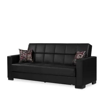 87" Black Faux Leather Convertible Futon Sleeper Sofa And Toss Pillows With Storage