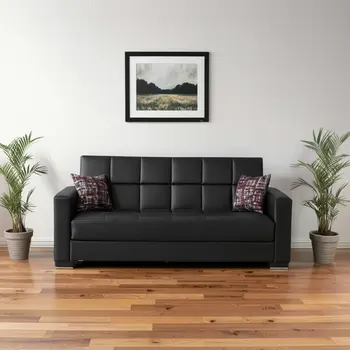 87" Black Faux Leather Convertible Futon Sleeper Sofa And Toss Pillows With Storage