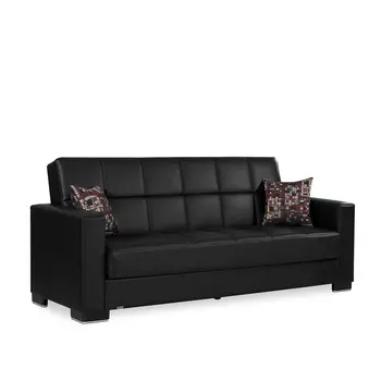 87" Black Faux Leather Convertible Futon Sleeper Sofa And Toss Pillows With Storage
