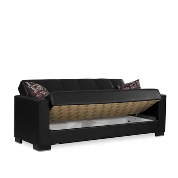 87" Black Faux Leather Convertible Futon Sleeper Sofa And Toss Pillows With Storage