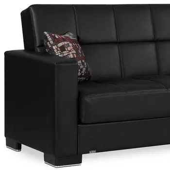 87" Black Faux Leather Convertible Futon Sleeper Sofa And Toss Pillows With Storage