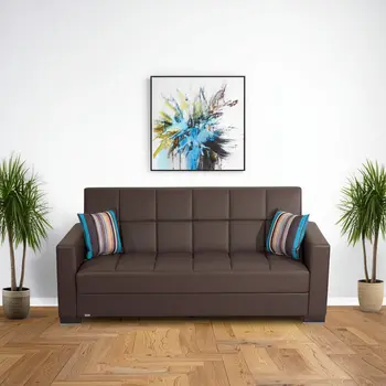 87" Brown Faux Leather Convertible Futon Sleeper Sofa And Toss Pillows With Storage