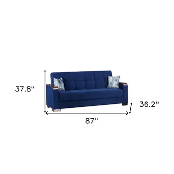 87" Blue Microfiber Convertible Futon Sleeper Sofa And Toss Pillows With Storage