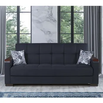 87" Dark Blue Chenille Convertible Futon Sleeper Sofa And Toss Pillows With Storage