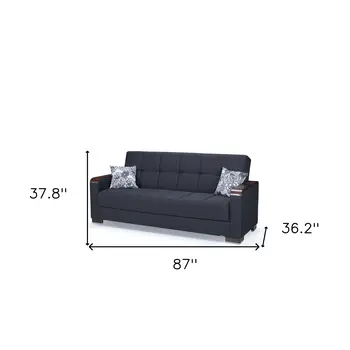 87" Dark Blue Chenille Convertible Futon Sleeper Sofa And Toss Pillows With Storage
