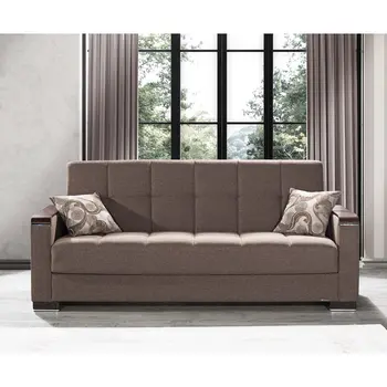 87" Brown Chenille Convertible Futon Sleeper Sofa And Toss Pillows With Storage