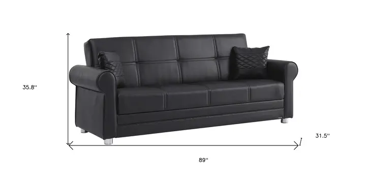 89" Black Faux Leather Convertible Futon Sleeper Sofa And Toss Pillows With Storage