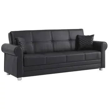 89" Black Faux Leather Convertible Futon Sleeper Sofa And Toss Pillows With Storage