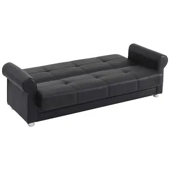 89" Black Faux Leather Convertible Futon Sleeper Sofa And Toss Pillows With Storage