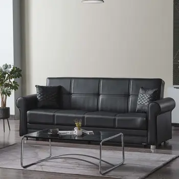 89" Black Faux Leather Convertible Futon Sleeper Sofa And Toss Pillows With Storage