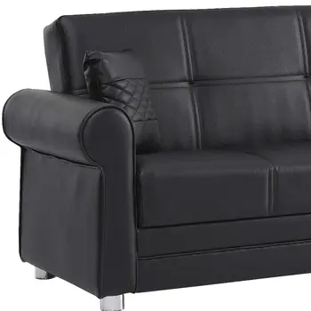 89" Black Faux Leather Convertible Futon Sleeper Sofa And Toss Pillows With Storage