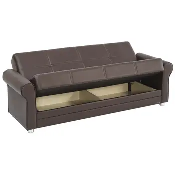 89" Brown Faux Leather Convertible Futon Sleeper Sofa And Toss Pillows With Storage
