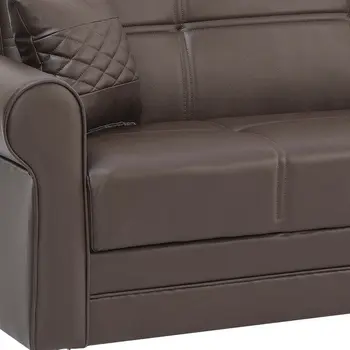 89" Brown Faux Leather Convertible Futon Sleeper Sofa And Toss Pillows With Storage