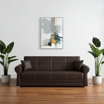 89" Brown Faux Leather Convertible Futon Sleeper Sofa And Toss Pillows With Storage