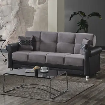 89" Gray Polyester Convertible Futon Sleeper Sofa And Toss Pillows With Storage