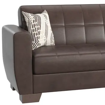 84" Brown Faux Leather Convertible Futon Sleeper Sofa And Toss Pillows With Storage