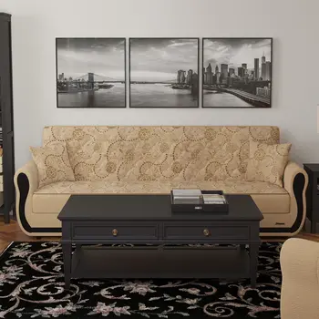 90" Beige Chenille Convertible Futon Sleeper Sofa And Toss Pillows With Storage