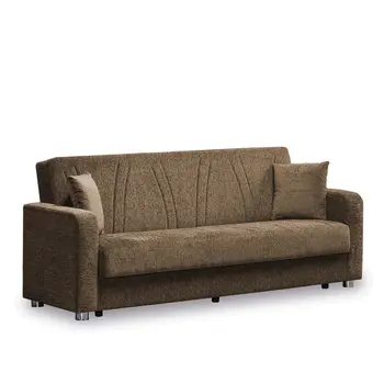 87" Beige Chenille Convertible Futon Sleeper Sofa And Toss Pillows With Storage