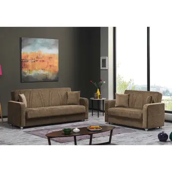87" Beige Chenille Convertible Futon Sleeper Sofa And Toss Pillows With Storage