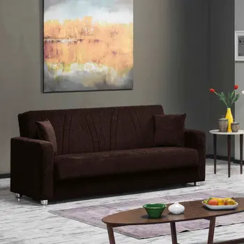 87" Dark Brown Chenille Convertible Futon Sleeper Sofa And Toss Pillows With Storage