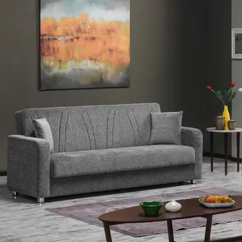 87" Gray Chenille Convertible Futon Sleeper Sofa And Toss Pillows With Storage