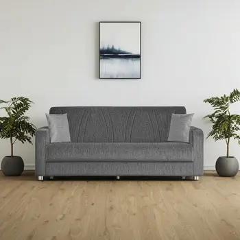87" Gray Chenille Convertible Futon Sleeper Sofa And Toss Pillows With Storage