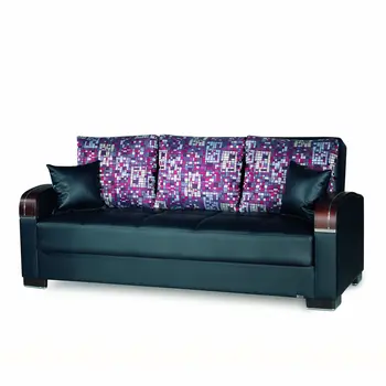 87" Black Faux Leather Convertible Futon Sleeper Sofa And Toss Pillows With Storage