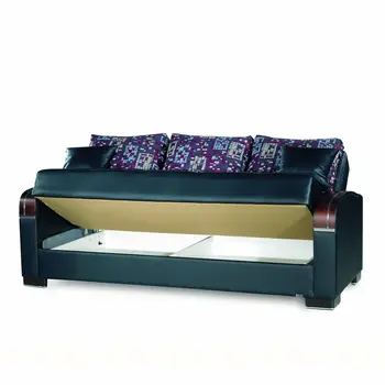 87" Black Faux Leather Convertible Futon Sleeper Sofa And Toss Pillows With Storage