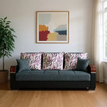 87" Gray Polyester Convertible Futon Sleeper Sofa And Toss Pillows With Storage