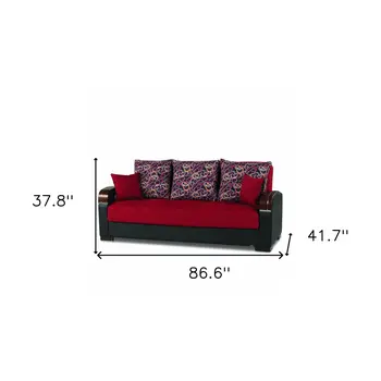 87" Red Polyester Convertible Futon Sleeper Sofa And Toss Pillows With Storage