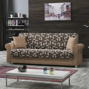 89" Beige Chenille Convertible Futon Sleeper Sofa And Toss Pillows With Storage