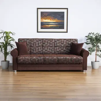 89" Dark Brown Chenille Convertible Futon Sleeper Sofa And Toss Pillows With Storage