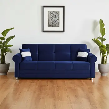 89" Blue Microfiber Convertible Futon Sleeper Sofa And Toss Pillows With Storage