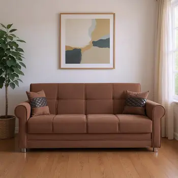 89" Brown Microfiber Convertible Futon Sleeper Sofa And Toss Pillows With Storage