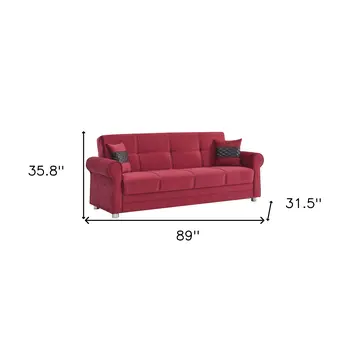 89" Burgundy Microfiber Convertible Futon Sleeper Sofa And Toss Pillows With Storage