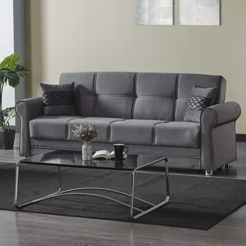 89" Gray Microfiber Convertible Futon Sleeper Sofa And Toss Pillows With Storage