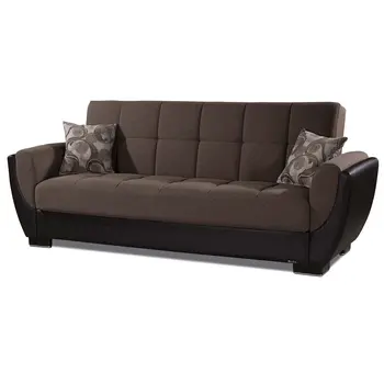 93" Brown Chenille And Faux Leather Convertible Futon Sleeper Sofa And Toss Pillows With Storage