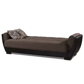 93" Brown Chenille And Faux Leather Convertible Futon Sleeper Sofa And Toss Pillows With Storage