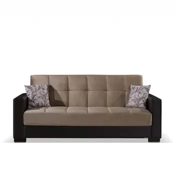 87" Sand And Brown Chenille And Faux Leather Convertible Futon Sleeper Sofa And Toss Pillows With Storage