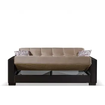 87" Sand And Brown Chenille And Faux Leather Convertible Futon Sleeper Sofa And Toss Pillows With Storage