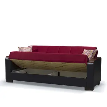 87" Burgundy Microfiber And Faux Leather Convertible Futon Sleeper Sofa And Toss Pillows With Storage