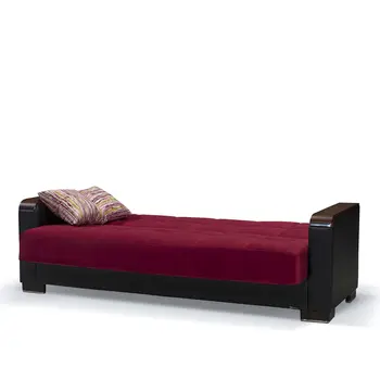 87" Burgundy Microfiber And Faux Leather Convertible Futon Sleeper Sofa And Toss Pillows With Storage