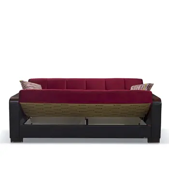 87" Burgundy Microfiber And Faux Leather Convertible Futon Sleeper Sofa And Toss Pillows With Storage