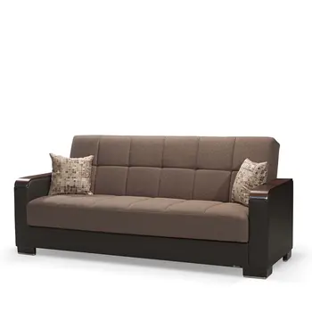 87" Brown Chenille And Faux Leather Convertible Futon Sleeper Sofa And Toss Pillows With Storage