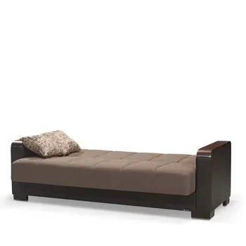 87" Brown Chenille And Faux Leather Convertible Futon Sleeper Sofa And Toss Pillows With Storage