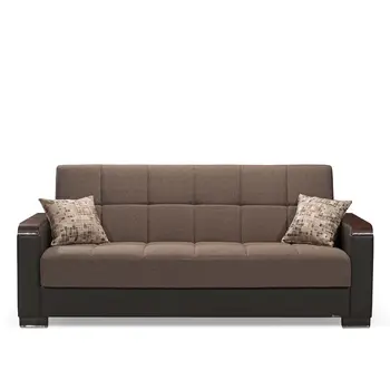 87" Brown Chenille And Faux Leather Convertible Futon Sleeper Sofa And Toss Pillows With Storage