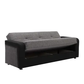 90" Gray Chenille And Faux Leather Convertible Futon Sleeper Sofa And Toss Pillows With Storage