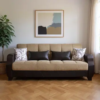 89" Brown Microfiber And Faux Leather Convertible Futon Sleeper Sofa And Toss Pillows With Storage