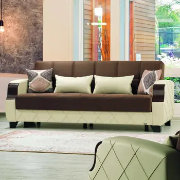 89" Dark Brown And Cream Microsuede And Faux Leather Convertible Futon Sleeper Sofa And Toss Pillows With Storage
