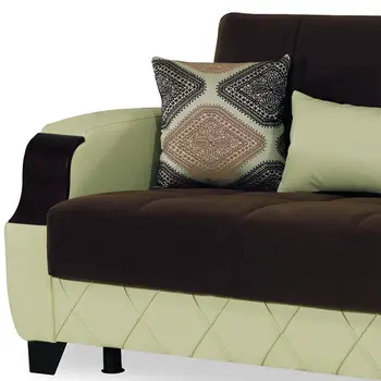 89" Dark Brown And Cream Microsuede And Faux Leather Convertible Futon Sleeper Sofa And Toss Pillows With Storage